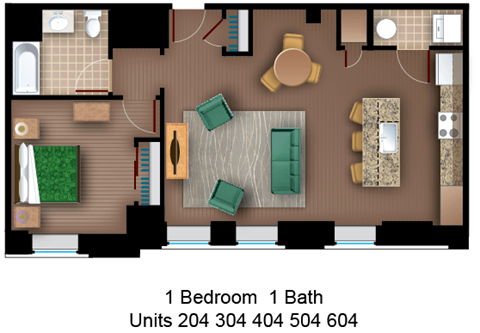 Floor plan for 1 bed, 1 bath, 805 sqft